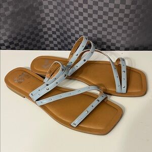 Women's Size 9.5 Silver Studded Slide-On Flat Gladiator Sky Blue Sandals